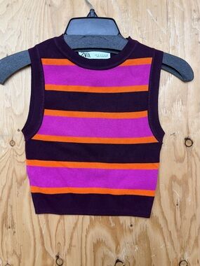 Zara Striped Knit Crop Top Sweater Vest Pink Orange Burgundy Size S NWOT